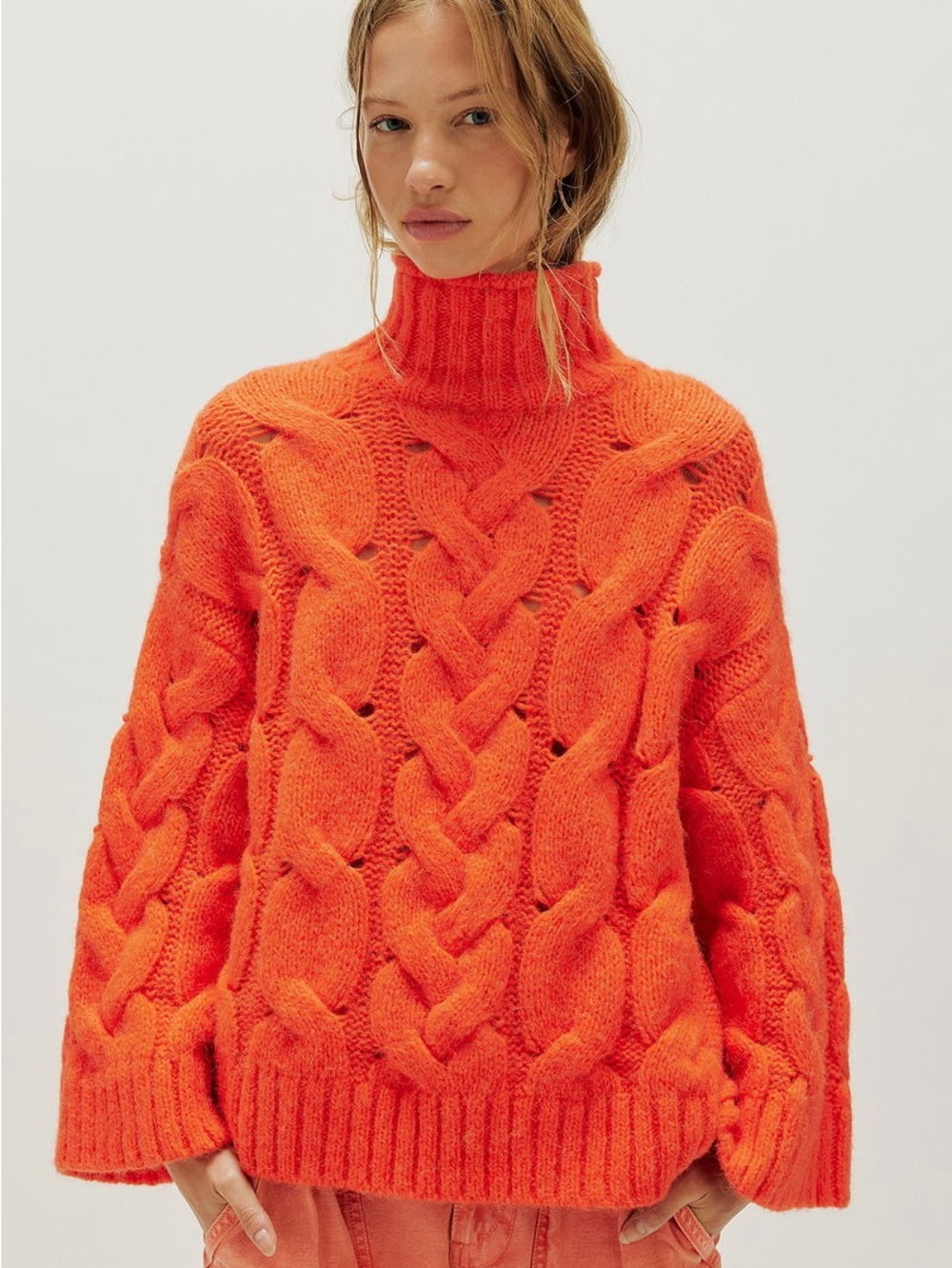 NWT FREE PEOPLE Clementine SoftSpun Cable Knit Pullover | Orange Tango MSRP $298